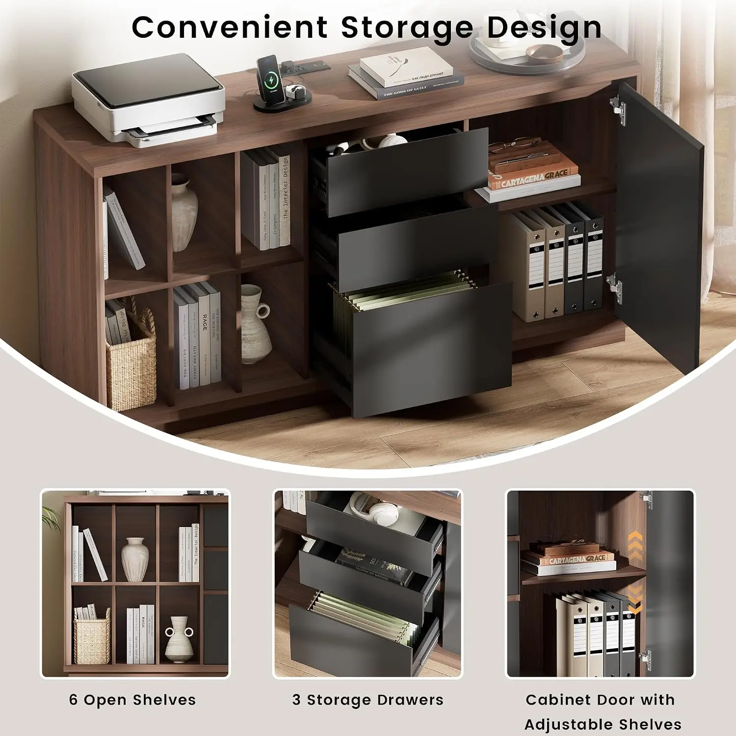 60인치 서랍 및 문이 있는 파일 캐비닛, 내장형 충전 - Credenza Office Storage 리뷰 및 가격